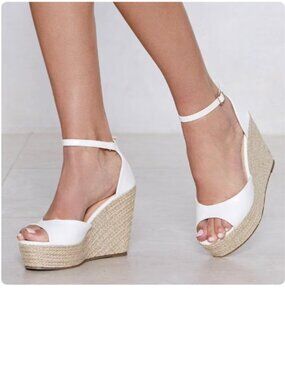 FSJ White Platform Wedges Open Toe Ankle Strap Espadrille Sandals